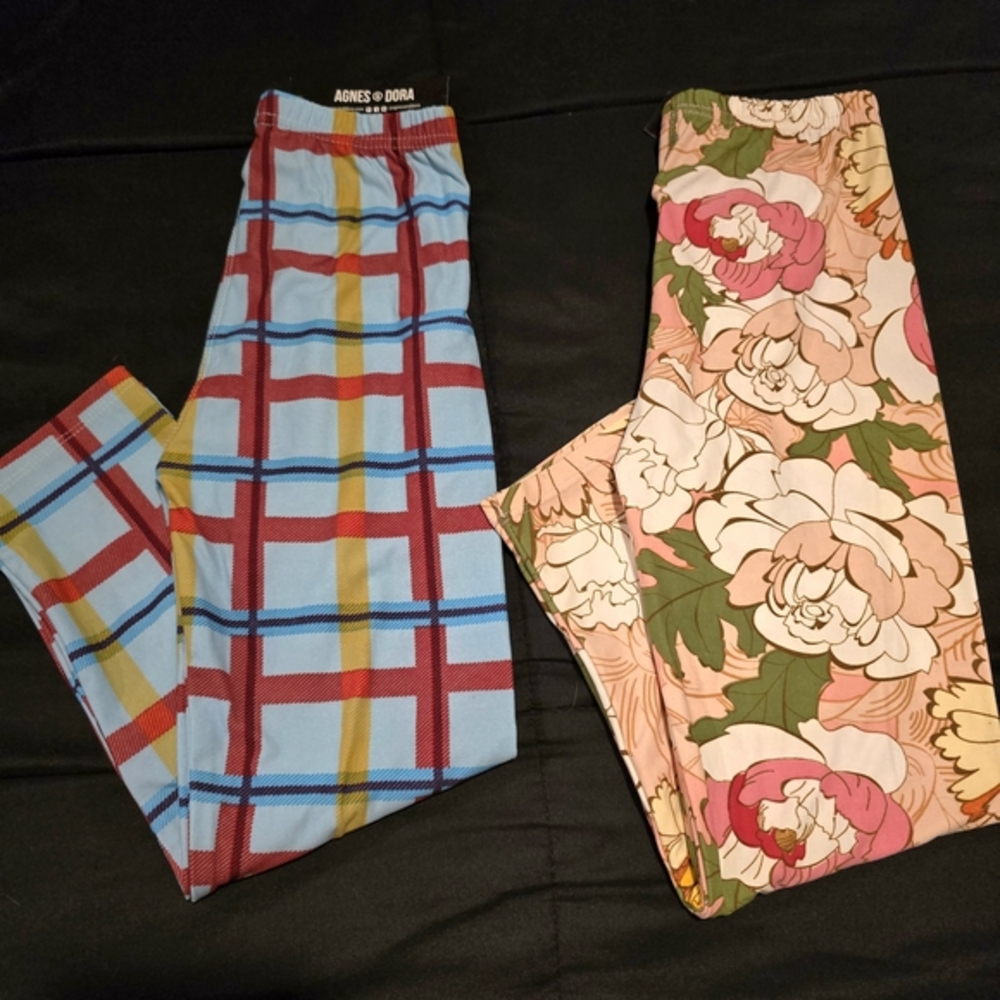 Agnes &‎ Dora Floral Plaid Patterned Capri Leggings Pink & Blue NWT x2 Size XS